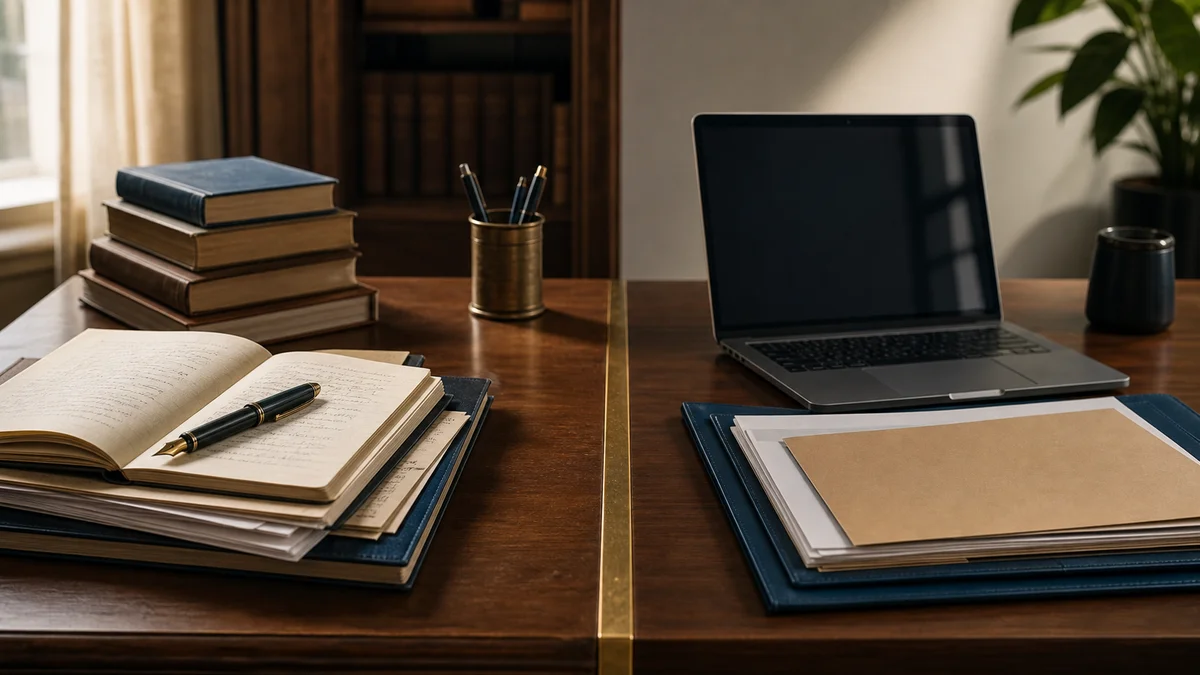 Zwei nebeneinander stehende Schreibtische — links akademisch eingerichtet mit Büchern und Tagungsbänden, rechts mit modernem Laptop und Geschäftsunterlagen — Symbolbild für die Wahl zwischen Doktorandenstelle und externer Promotion