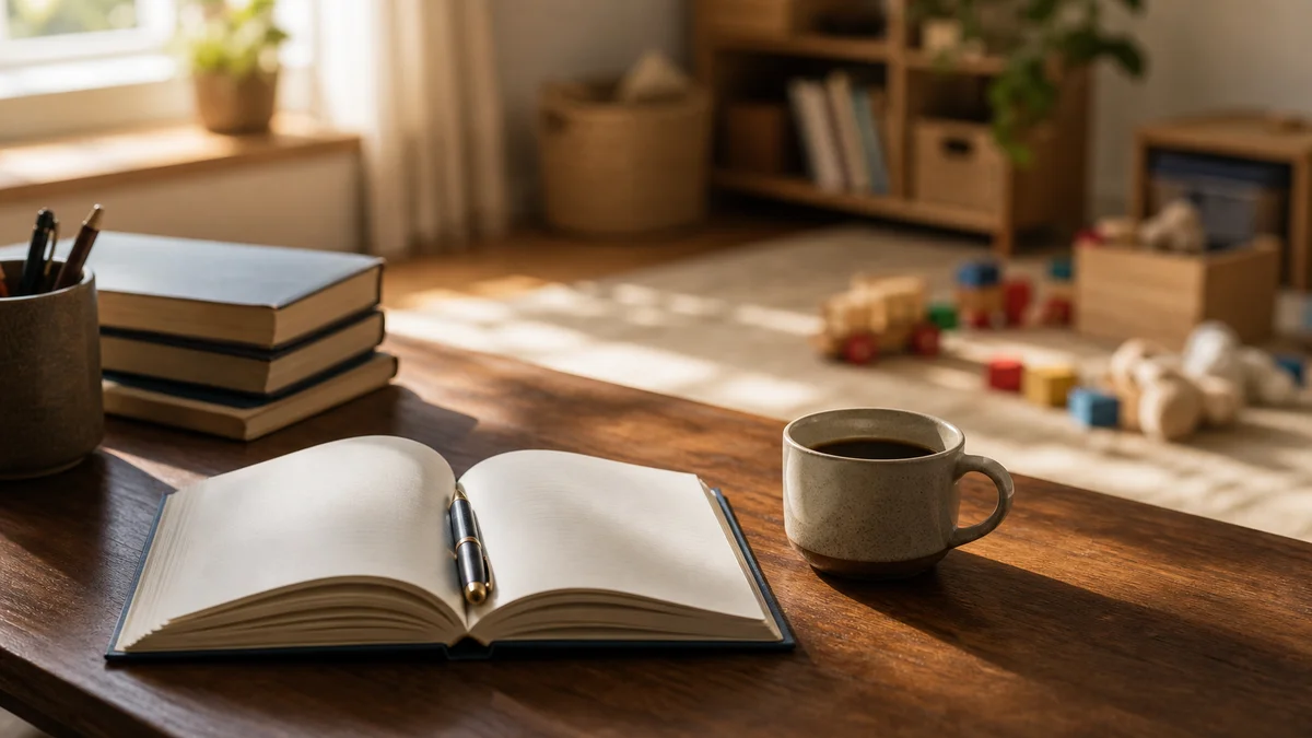 Schreibtisch mit aufgeschlagenem Notizbuch und einer Tasse Kaffee im Morgenlicht, im Hintergrund unscharfe Spielsachen — Symbolbild für die Vereinbarkeit von Promotion und Familie
