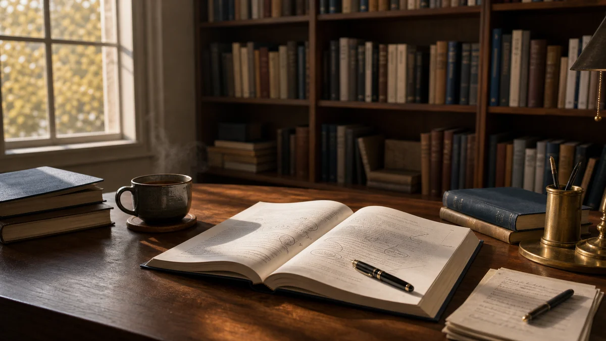 Holzschreibtisch im Lehrstuhlbüro mit aufgeschlagenem Forschungsmanuskript und Kaffeetasse, Bücherregal im Hintergrund — Symbolbild für die wissenschaftliche Begleitung durch eine Doktormutter