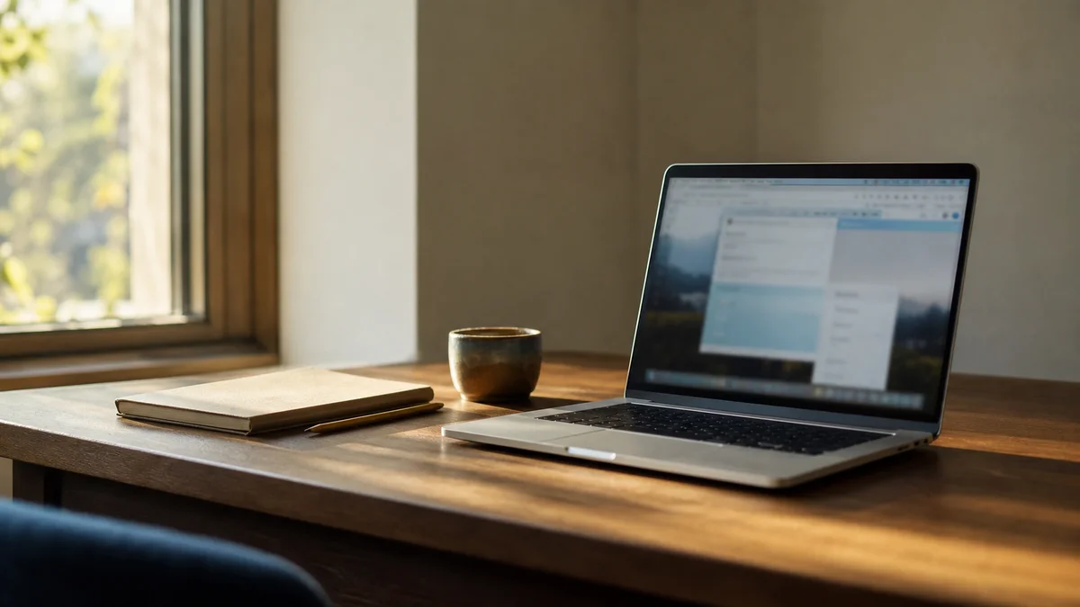 Geöffneter Laptop mit Browser-Tabs zu wissenschaftlichen Datenbanken auf einem hölzernen Schreibtisch im Morgenlicht — Symbolbild für die systematische digitale Recherche nach passenden Lehrstühlen