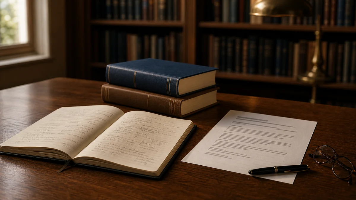 Schreibtisch mit aufgeschlagenem Forschungsnotizbuch, Fachliteratur und ausgedrucktem Themenvorschlag im warmen Bibliothekslicht — Symbolbild für die strukturierte Entwicklung einer wissenschaftlichen Forschungsfrage