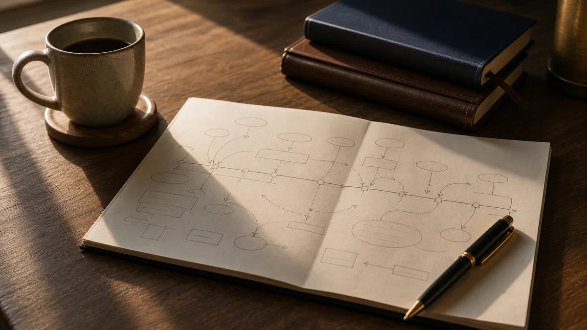 Schreibtisch mit aufgeschlagenem Strategieplan, Notizbüchern und Kaffeetasse im warmen Licht — Symbolbild für die strategische Planung der Lehrstuhl-Anbahnung