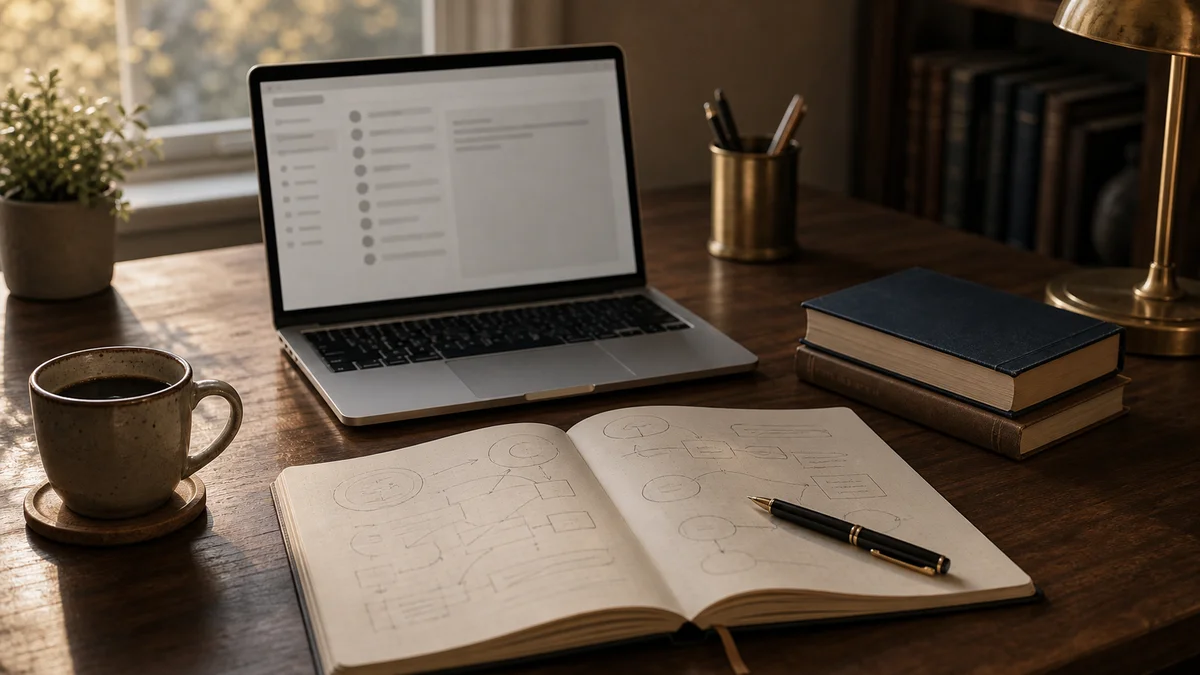 Geöffneter Laptop mit E-Mail-Entwurf auf einem hölzernen Schreibtisch im warmen Morgenlicht, daneben Notizbuch mit Anschreibensaufbau — Symbolbild für die sorgfältige Vorbereitung der ersten Lehrstuhl-Anfrage
