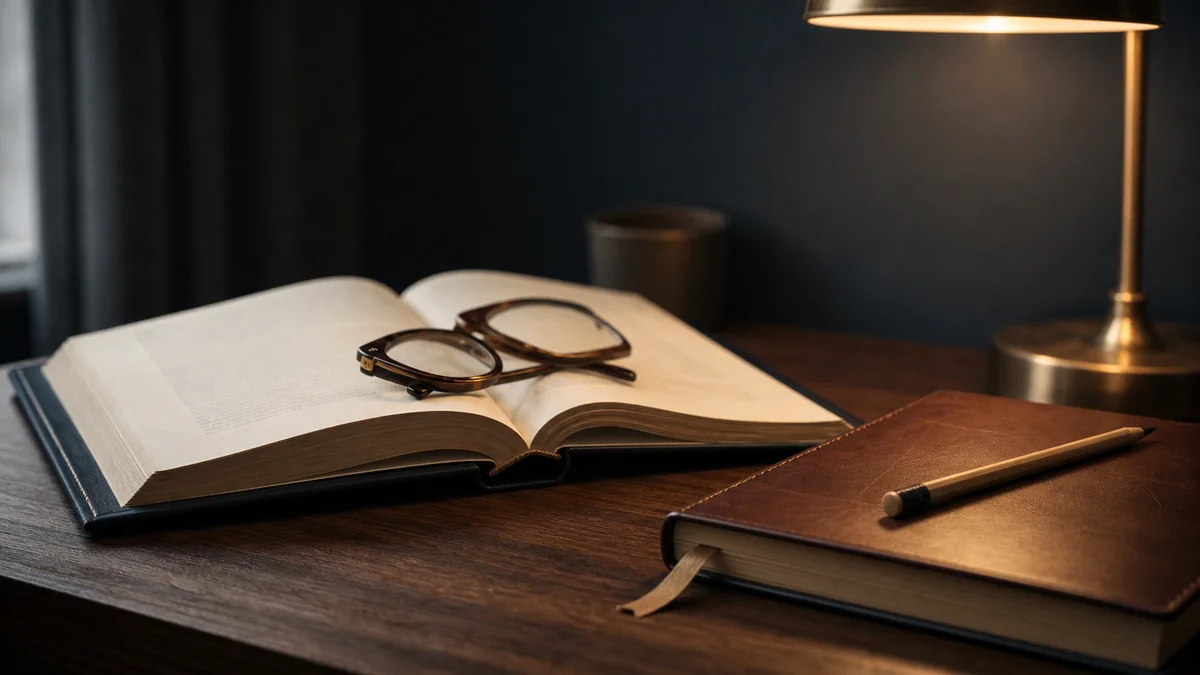 Schreibtisch mit aufgeschlagenem akademischen Buch, Notizbuch und Lesebrille im warmen Licht — Symbolbild für die sorgfältige Bewertung eines potenziellen Doktorvaters