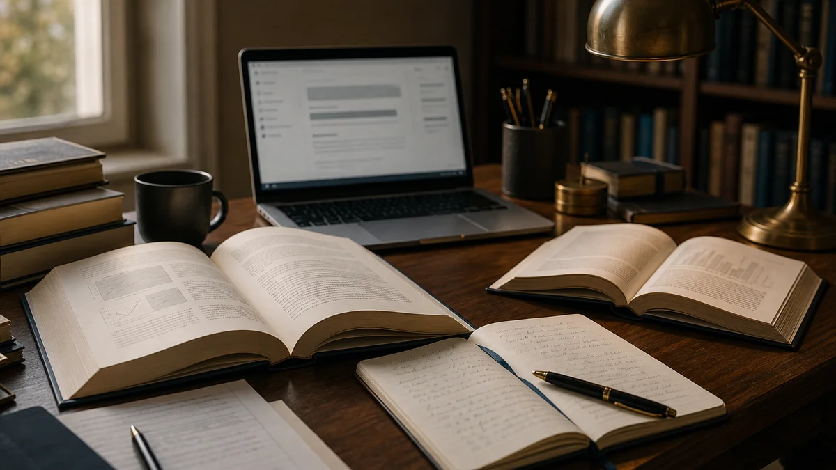 Wissenschaftlicher Schreibtisch mit aufgeschlagenen Fachzeitschriften, Notizen und einem Laptop in warmem Licht — Symbolbild für die systematische Lehrstuhlrecherche